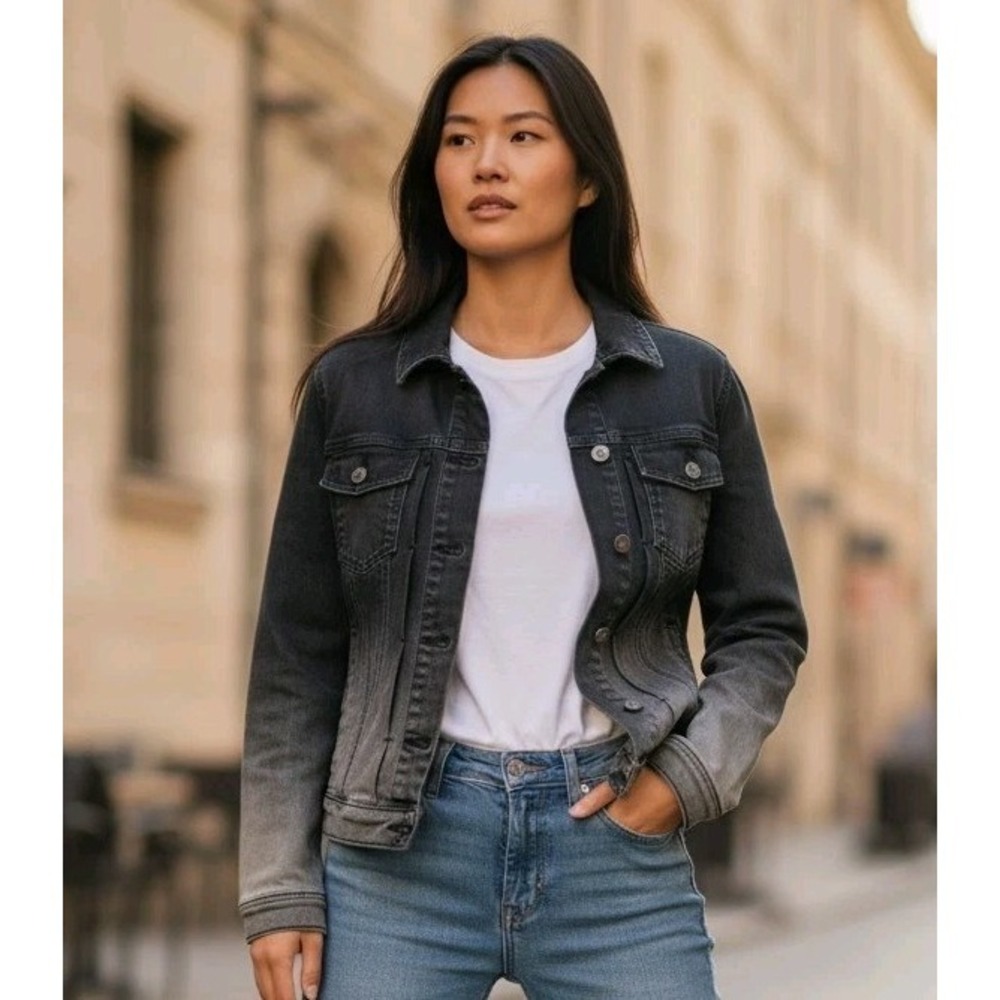Lee Heritage Black Denim Moto Trucker Jacket Women's Size S Y2K Western Fade